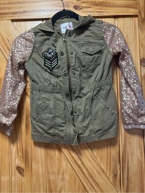 Annie Olive Hooded Jacket with Rose Gold Sequin Sleeves